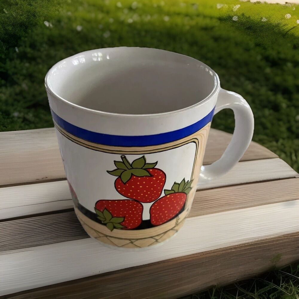 Vtg Lauffer Strawberry Coffee Cup Japan Strawberries Blue Trim Gailstyn-Sutton